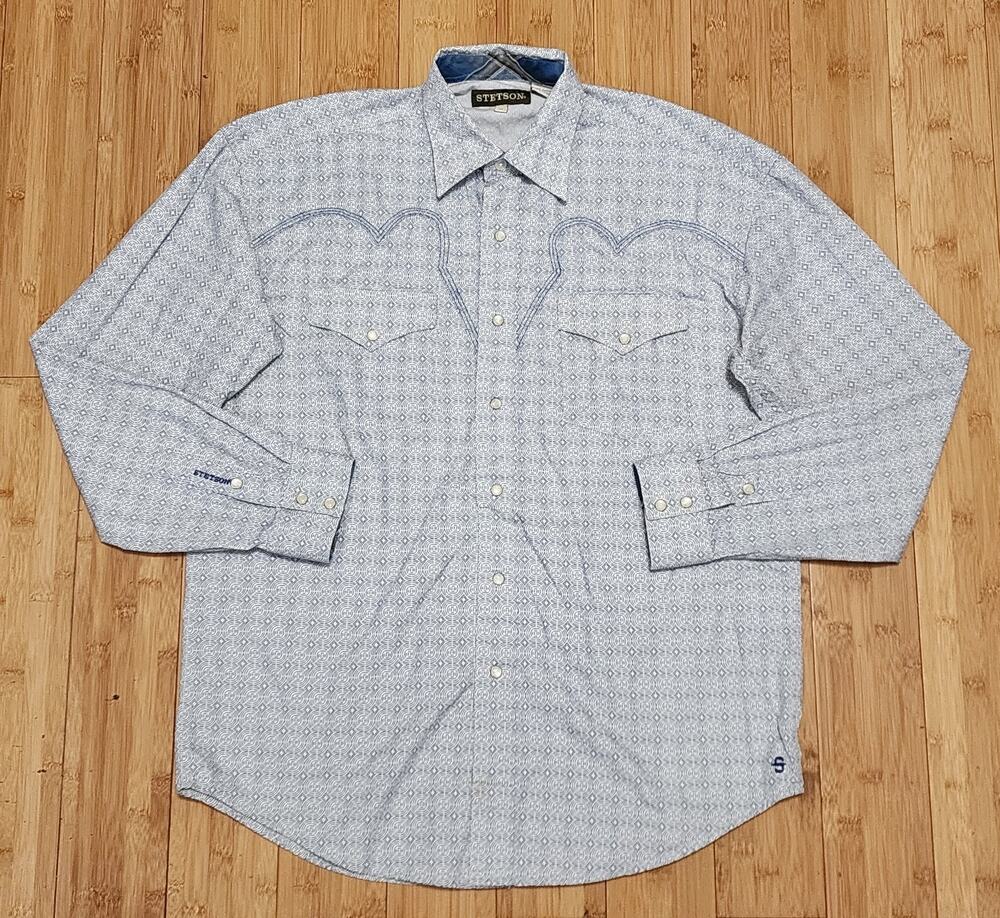 Stetson Western Shirt Mens Sz Medium Blue Retro Geometric Long Sleeve Pearl Snap